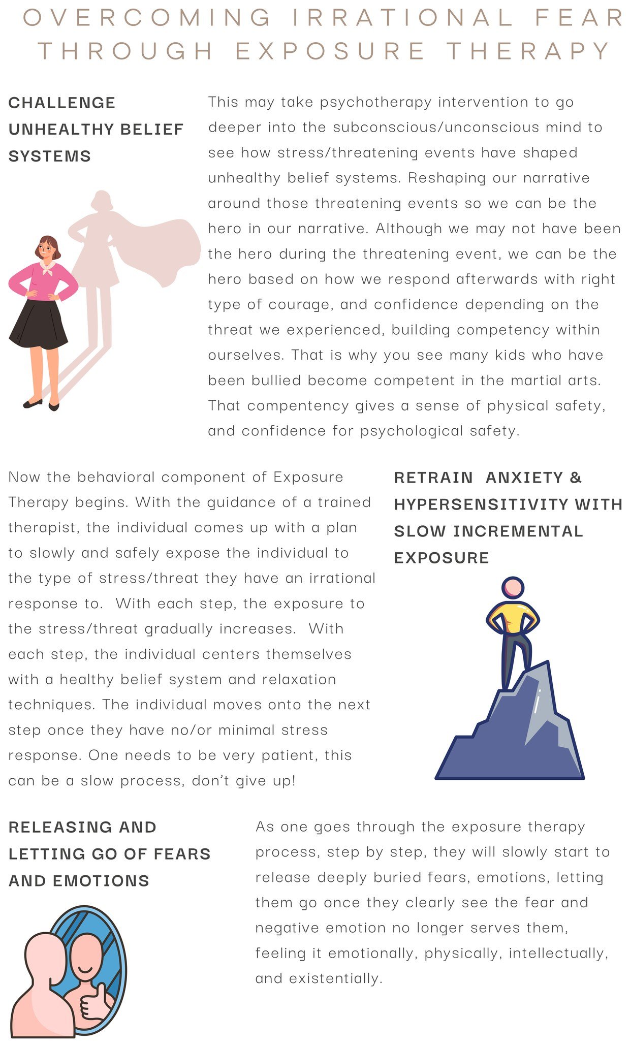 Overcoming irrational fear through Exposure Therapy: challenge unhealthy belief systems, retrain anxiety with slow incremental exposure, and release buried fears.