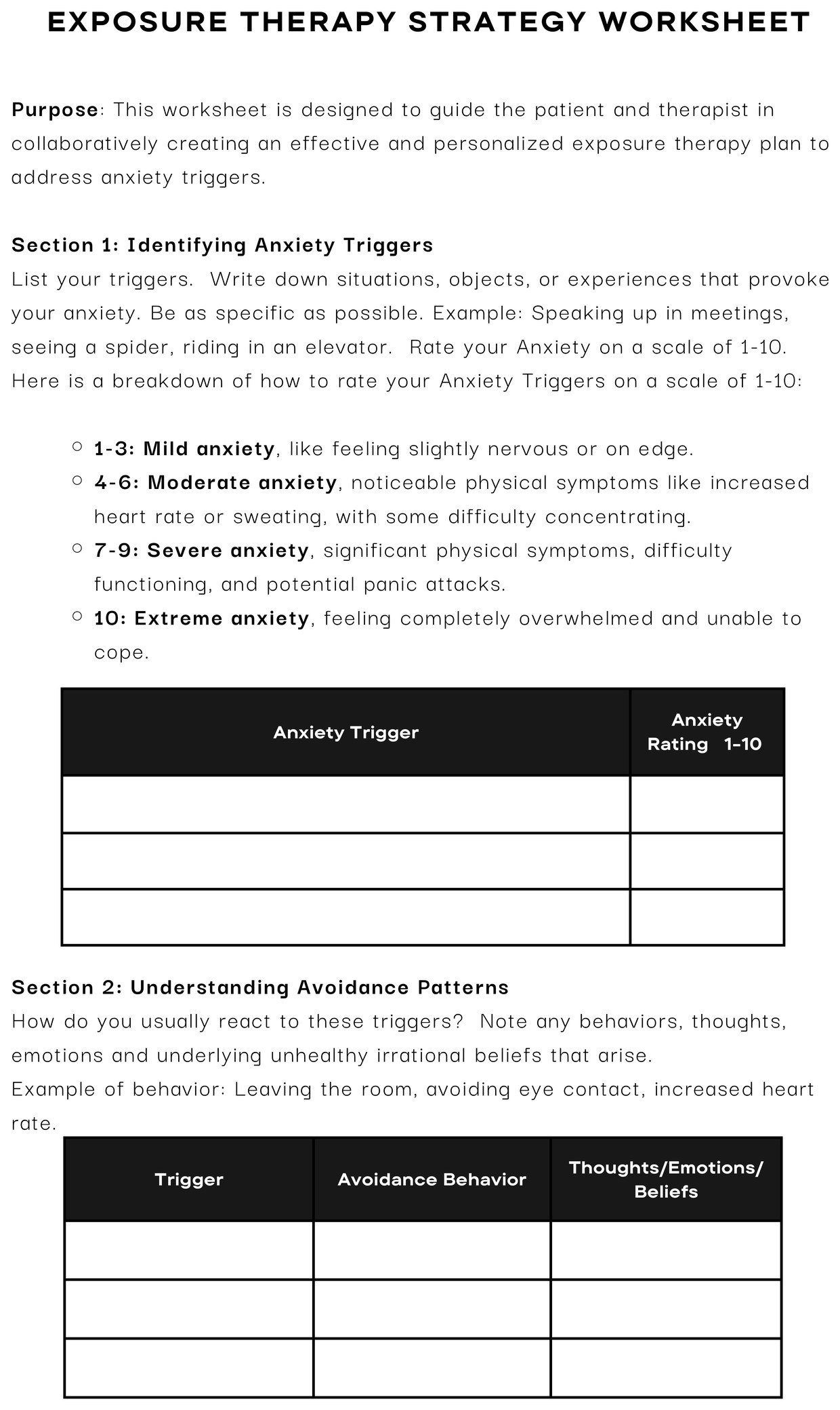 Exposure Therapy Strategy Worksheet, part 1: identifying anxiety triggers and understanding avoidance patterns.