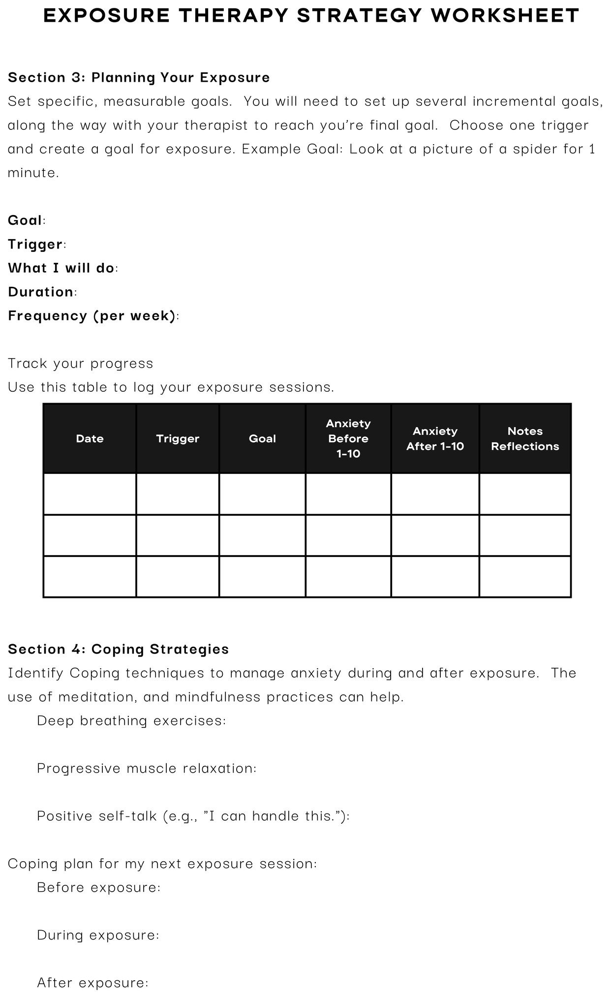 Exposure Therapy Strategy Worksheet, part 2: planning your exposure, tracking progress, and coping strategies.